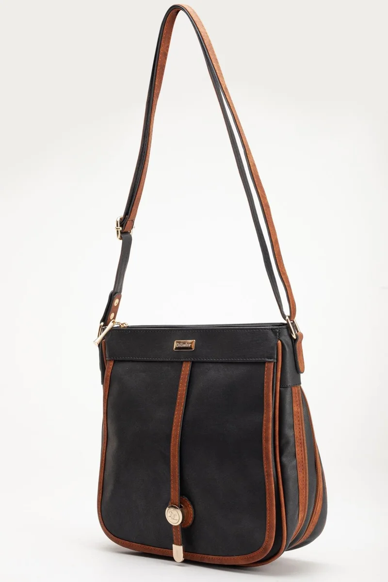 Dilimler Ayakkabı Black Tan Women's Shoulder Bag with 2 Compartments Cover and Zipper
