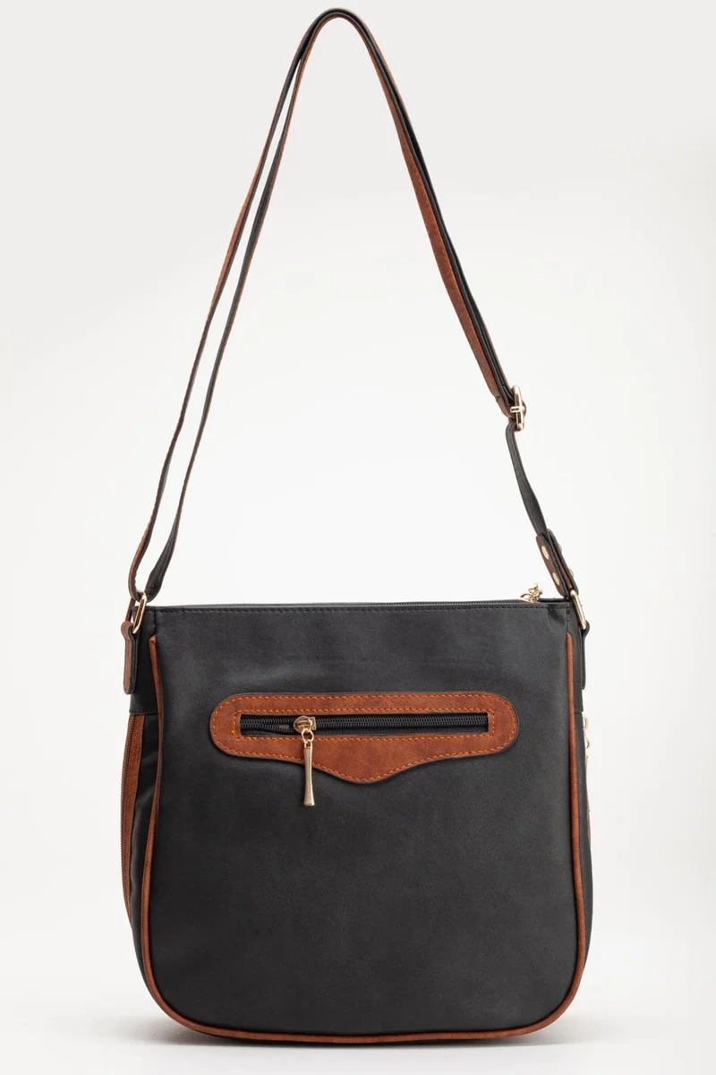 Dilimler Ayakkabı Black Tan Women's Shoulder Bag with 2 Compartments Cover and Zipper