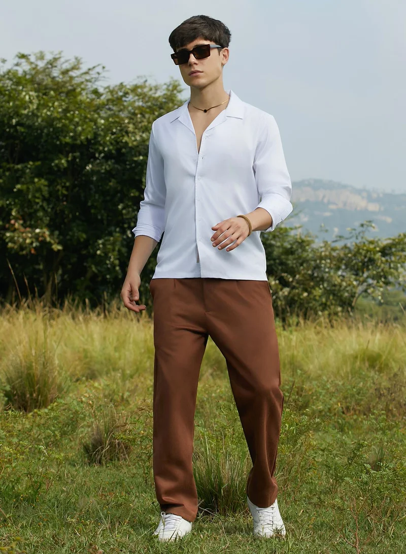 Campus Sutra Men's Chalk White Solid Cuban Shirt