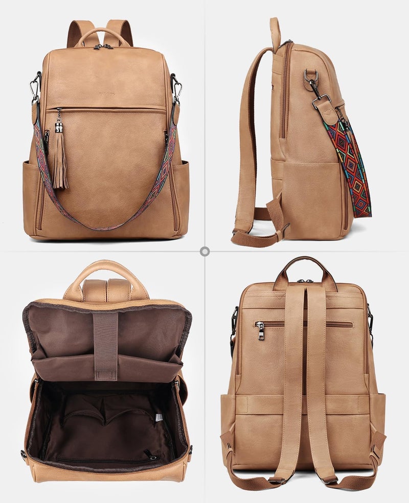 FADEON Leather Laptop Backpack for Women Designer 15.6 inch PU Laptop Bag, Ladies Travel Computer Work Backpack Camel Brown - Image 5