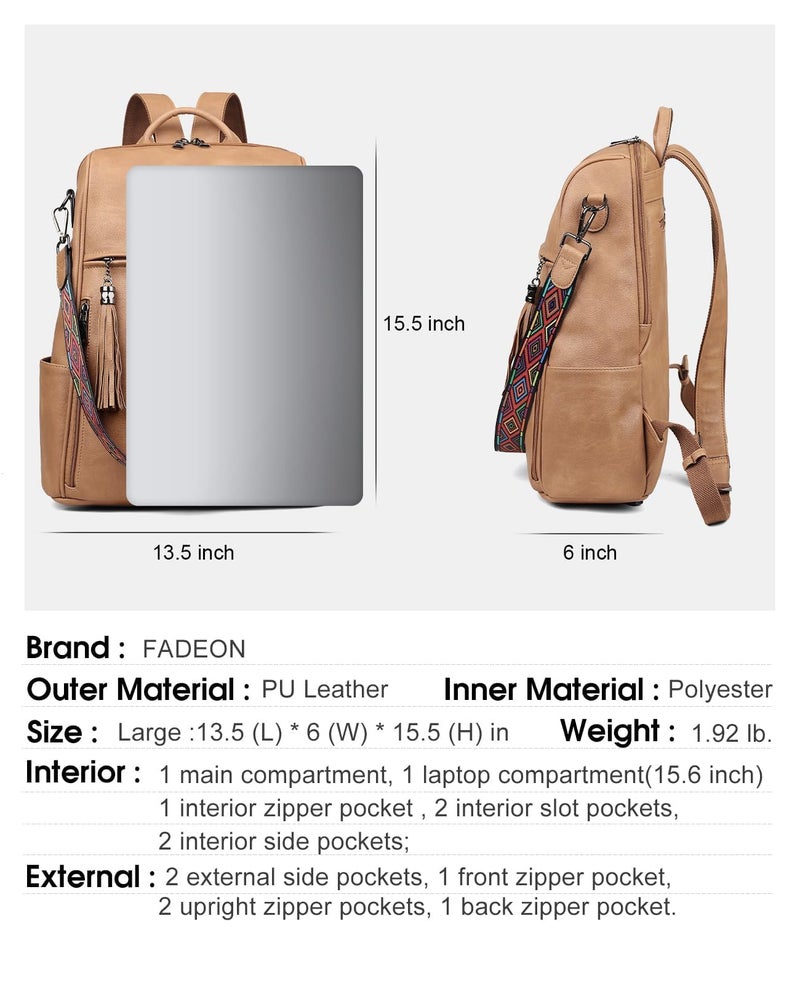 FADEON Leather Laptop Backpack for Women Designer 15.6 inch PU Laptop Bag, Ladies Travel Computer Work Backpack Camel Brown - Image 3