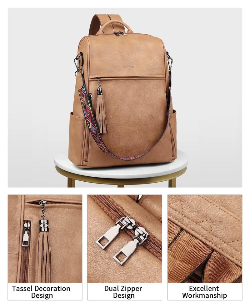 FADEON Leather Laptop Backpack for Women Designer 15.6 inch PU Laptop Bag, Ladies Travel Computer Work Backpack Camel Brown - Image 4