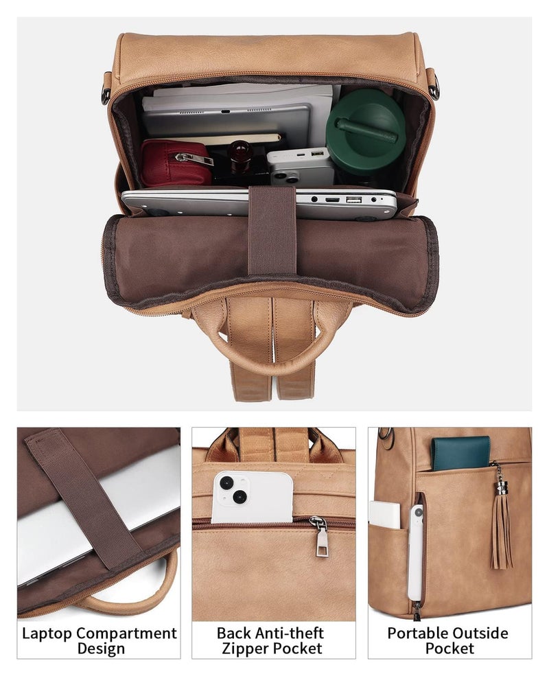 FADEON Leather Laptop Backpack for Women Designer 15.6 inch PU Laptop Bag, Ladies Travel Computer Work Backpack Camel Brown - Image 2