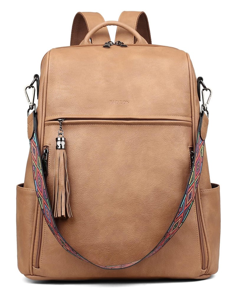 FADEON Leather Laptop Backpack for Women Designer 15.6 inch PU Laptop Bag, Ladies Travel Computer Work Backpack Camel Brown - Image 1