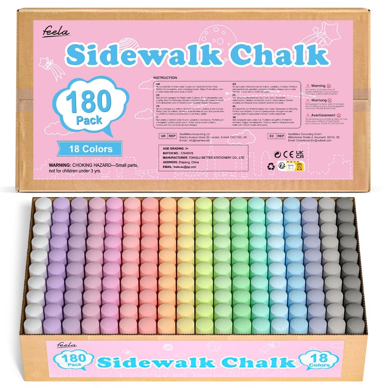 feela 180 Pack Sidewalk Chalk Sidewalk Chalk Set For Kids Jumbo Chalk Bulk Great for Kids Family Paint on Sidewalk Wall School Driveway Blackboard Street Playground 18 Colors - Image 2