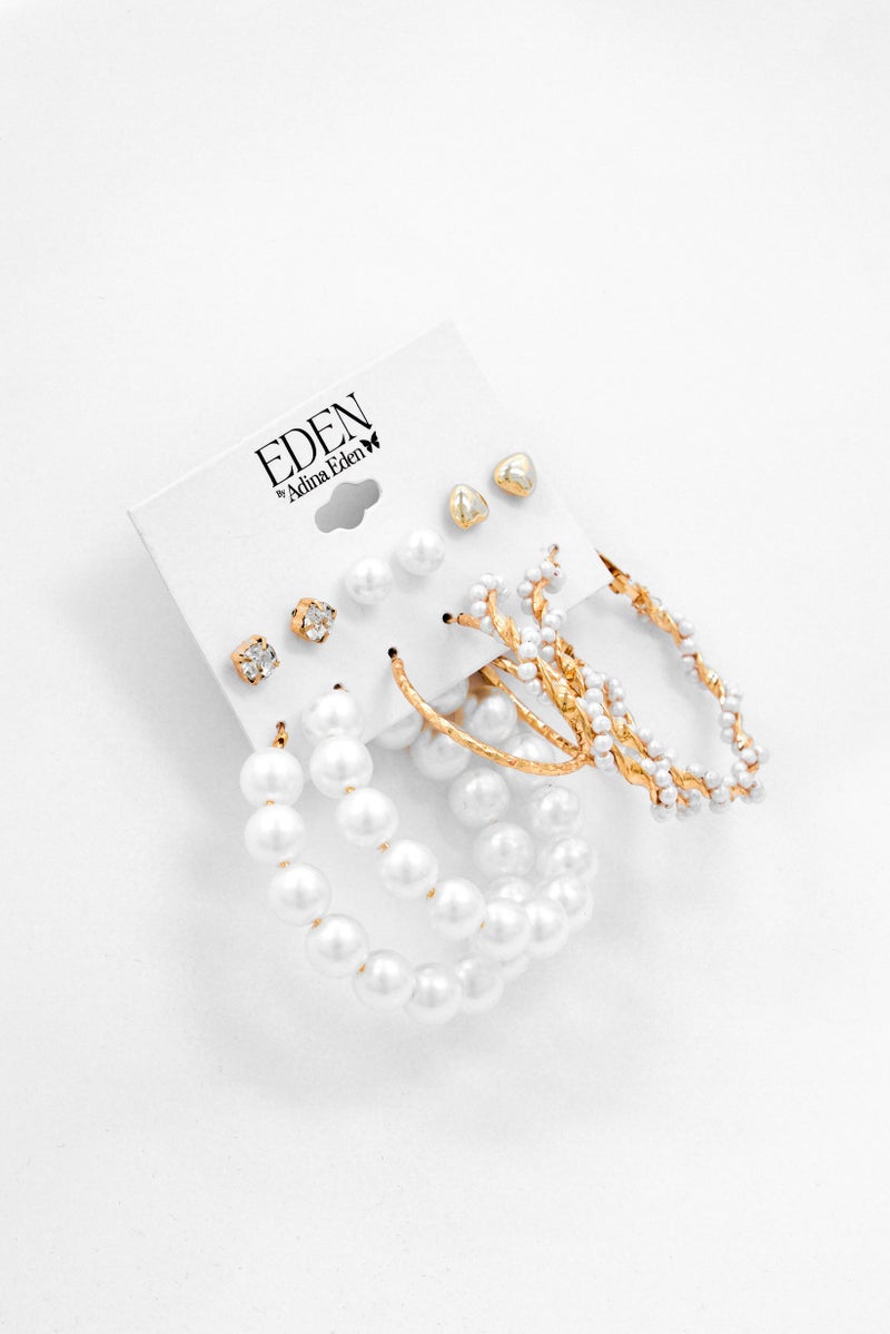 ADINA EDEN Women 6 Pairs Hoop and Crystal Pearl Stud Earrings Set, Multicolor - Image 1