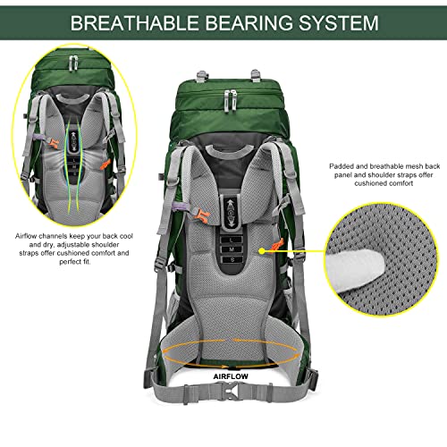 MOUNTAINTOP 80L Internal Frame Backpack for Man & Women Backpacking Hiking Backpack with Rain Cover,Dark Green - Image 3