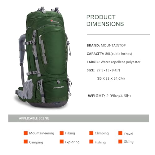 MOUNTAINTOP 80L Internal Frame Backpack for Man & Women Backpacking Hiking Backpack with Rain Cover,Dark Green - Image 2