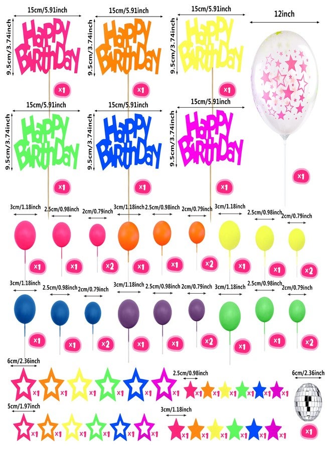 SPFYunion 56 PCS Glow Cake Topper Set with Ball Star and Happy Birthday Toppers UV Reactive Party Decorations for Neon Cakes Black Light Party Supplies in 6 Colors - Image 2