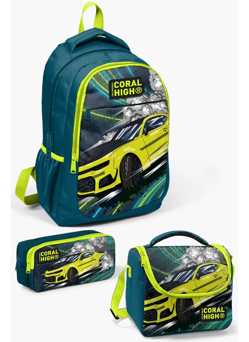 CORAL HIGH Kids Pink Highlighter Yellow Car Patterned 3-Piece School Bag Set SET0114406