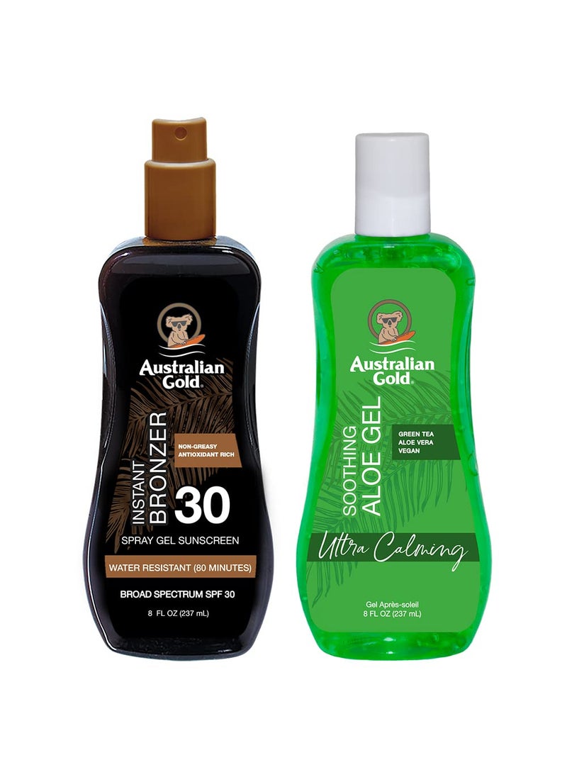 Australian Gold - Australian Gold Sunscreen Gel Spray with Bronzer  Soothing After Sun Aloe Vera Gel Hydrating Sunburn Relief  Broad Spectrum UVAUVB SPF 15 Sunscreen Spray  Vegan Skin Care Set - Image 1