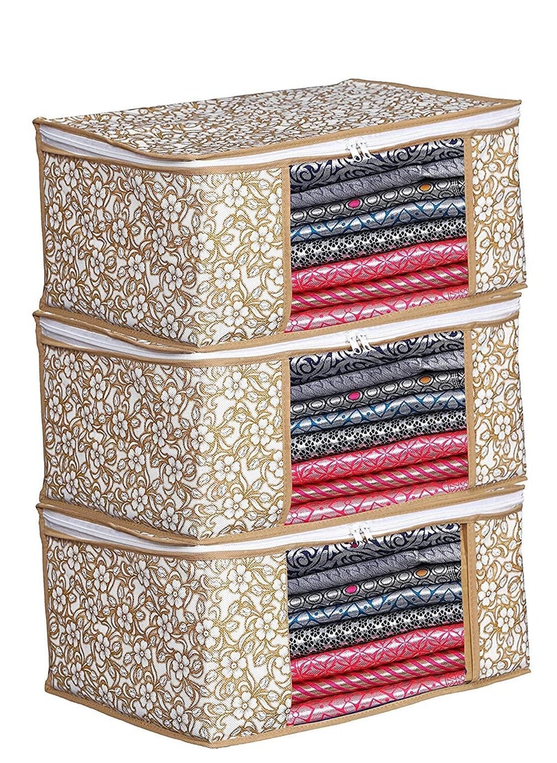 Perpetual Perpetual Saree Organizer For Wardrobe Large Size Foldable Saree Covers With Zip Multipurpose Storage Bag For Suit Lehanga Dress Packing With Transparent Window Pack of 2 Pcs beige2m  - Image 1