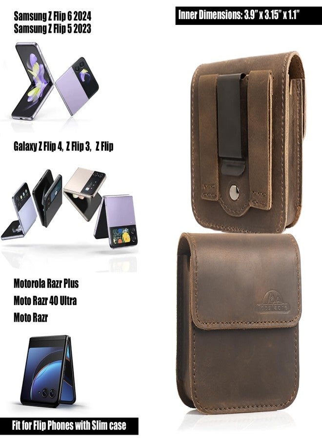 Topstache Leather Phone Holster for Samsung Galaxy Z Flip 6/5/4/3, Belt Clip Cell Phone Case for Motorola Razr Plus 2024/2023, Holster Belt Case Small Pouch for Motorola Razr 5G, Darkbrown - Image 2