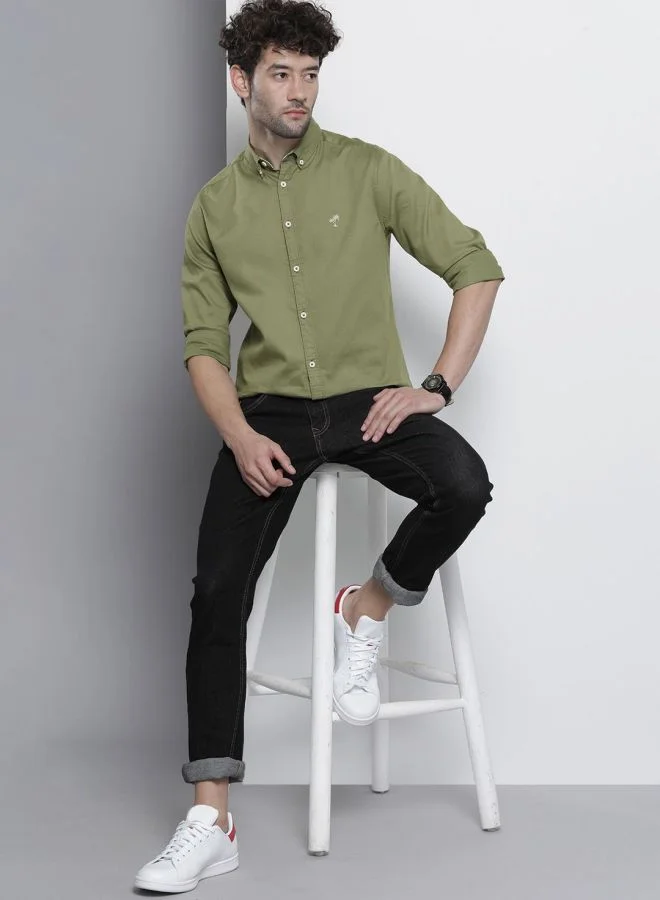 The Indian Garage Co Men Slim Fit Placement Embroidered Full Sleeves Cutaway Collar Casual Shirt