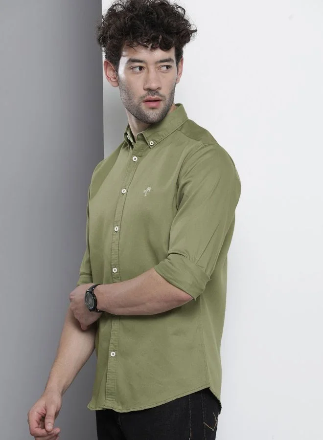 The Indian Garage Co Men Slim Fit Placement Embroidered Full Sleeves Cutaway Collar Casual Shirt