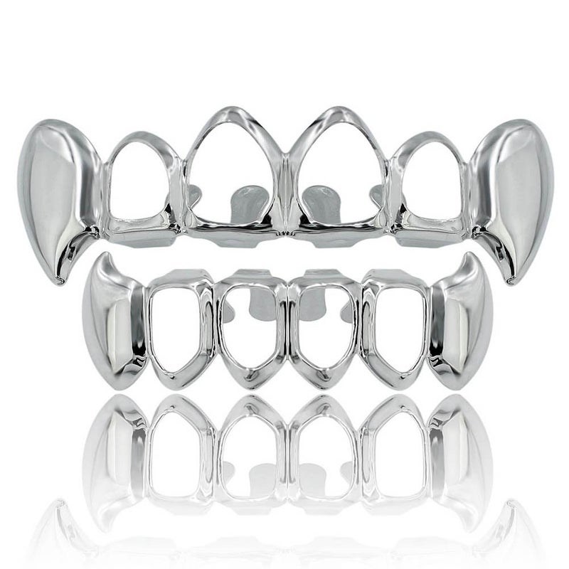 TOPGRILLZ 14K Gold Plated Open Face Top and Bottom Grillz for Your Teeth Vampire Grill Hip Hop Cosplay Costume Rapper Accessory (Silver Vampire) - Image 1
