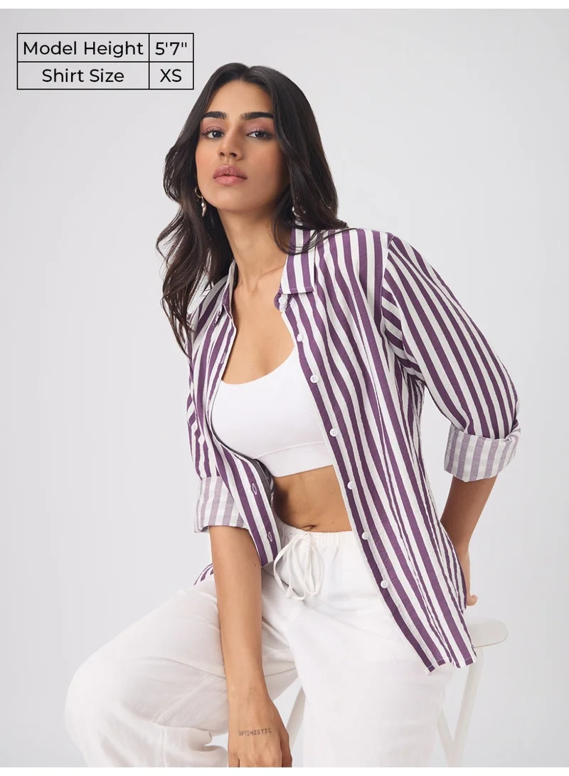ذا سوليد ستور The Souled Store: Textured Shirt Women and Girls Full Sleeves Spread Collar Striped Viscose Nylon Regular Fit Lightweight Summer-Ready All-Season Shirt for Casual Wear