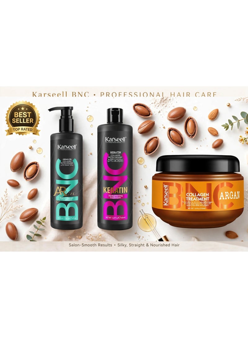 Karseell BNC Keratin, Argan & Collagen Professional Hair Treatment Set – 500ml Enjoy salon-inspired hair care with Keratin, Argan, and Collagen treatments. Designed to support smoother, softer, shinier, and more manageable-looking hair while helping condition strands and make everyday combing and styling easier. - Image 1