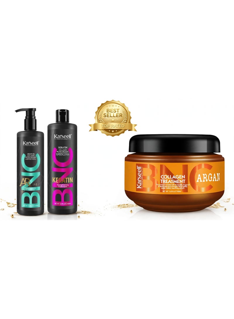 Karseell BNC Keratin, Argan & Collagen Professional Hair Treatment Set – 500ml Enjoy salon-inspired hair care with Keratin, Argan, and Collagen treatments. Designed to support smoother, softer, shinier, and more manageable-looking hair while helping condition strands and make everyday combing and styling easier. - Image 2