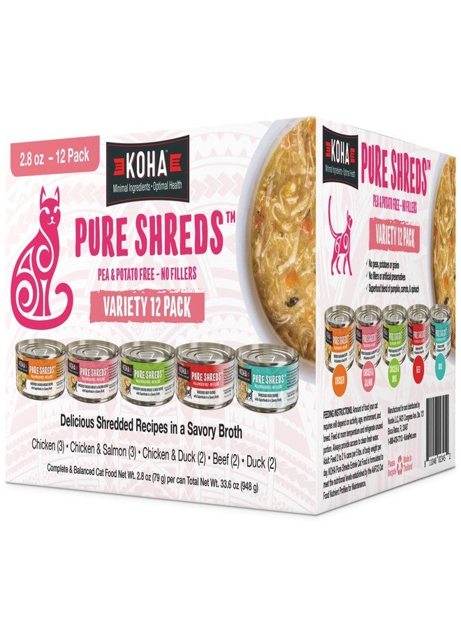 KOHA Pure Shreds Cat Variety Pack, High Protein Wet Cat Food - 5 Flavors - Beef, Duck, Chicken & Duck and Chicken & Salmon Food for Cats - 2.8 oz Cans, Pack of 12 - Image 1