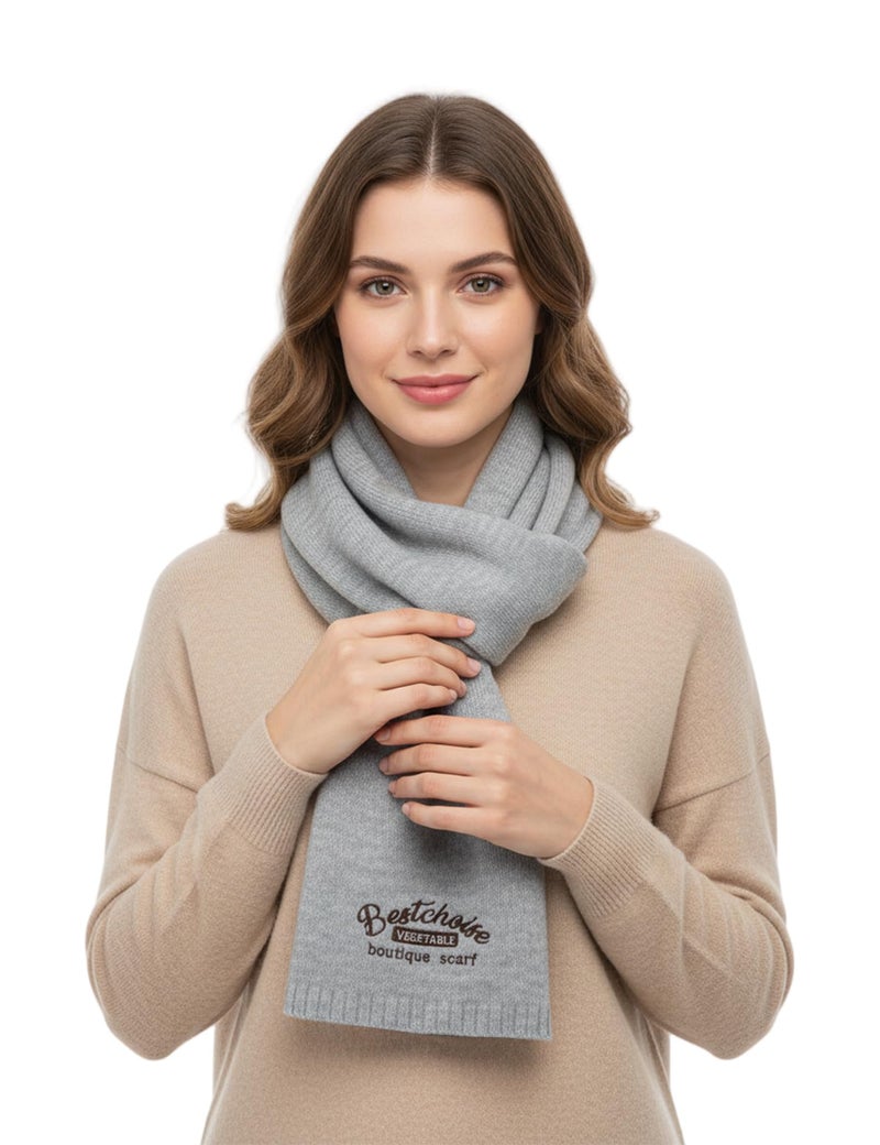 Women's Knit Muffler, Embroidered Letter, One Size, Grey - Image 1