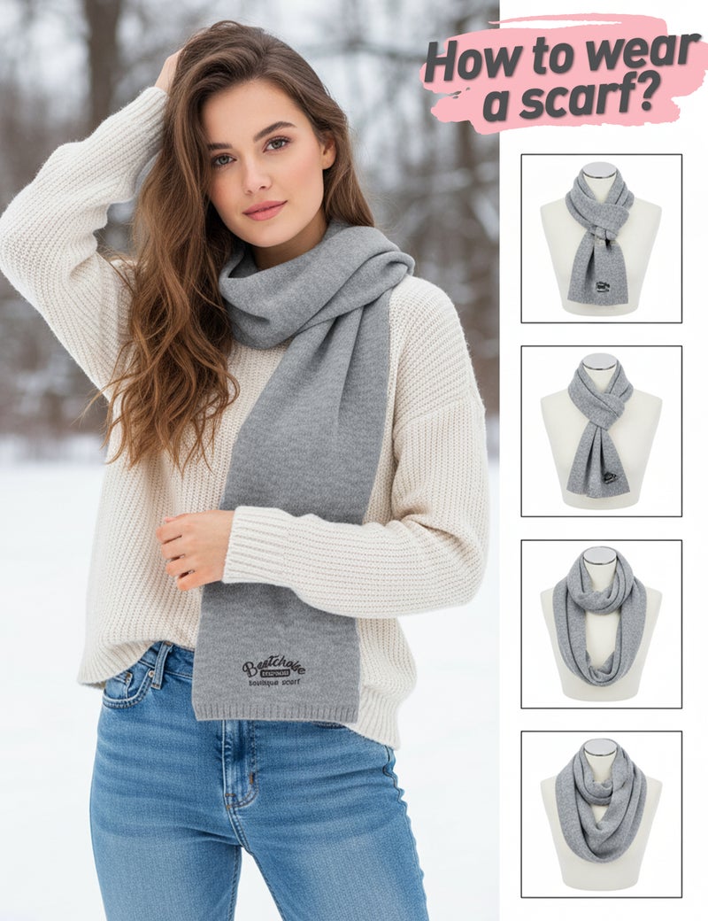 Women's Knit Muffler, Embroidered Letter, One Size, Grey - Image 3