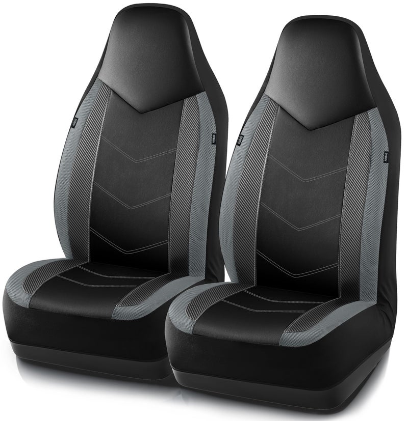 PIC AUTO Leather Car Seat Covers Sports Carbon Fiber Mesh Design HighBack Two Front Set Waterproof Automotive Seat Covers Airbag Compatible Universal Fit for Most Cars Black Gray - Image 3