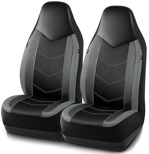 PIC AUTO Leather Car Seat Covers Sports Carbon Fiber Mesh Design HighBack Two Front Set Waterproof Automotive Seat Covers Airbag Compatible Universal Fit for Most Cars Black Gray - Image 1