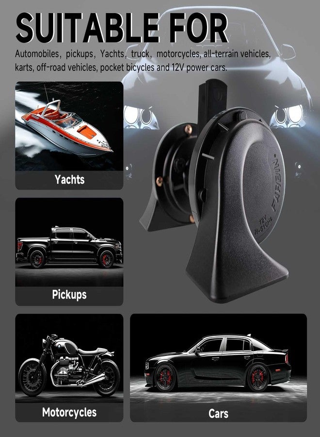 FARBIN بوق سيارة فاربين 12 فولت، بوق دراجة نارية صغير الحجم، صوت عالٍ جداً، نغمة عالية ومنخفضة، نغمة مزدوجة، مقاوم للماء، بوق حلزوني للشاحنات والقطارات والسيارات والشاحنات الصغيرة (أسود) - Image 3