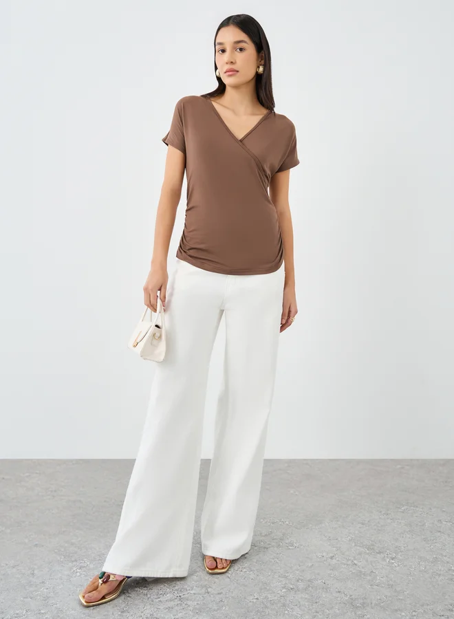 Styli Styli Short Sleeve V Neck Knit Wrap Top