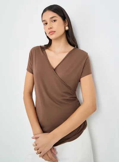 Styli Short Sleeve V Neck Knit Wrap Top