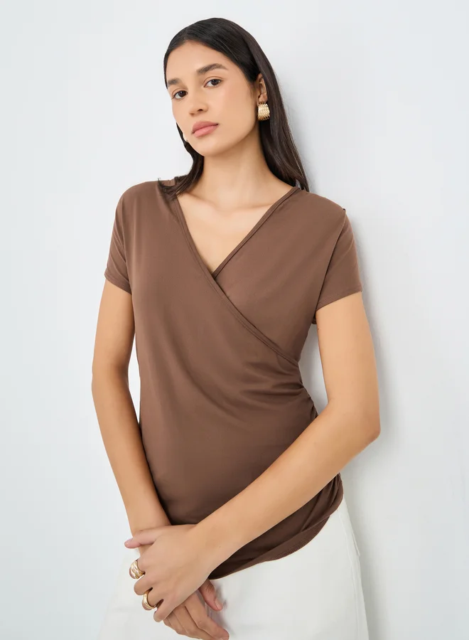 Styli Styli Short Sleeve V Neck Knit Wrap Top