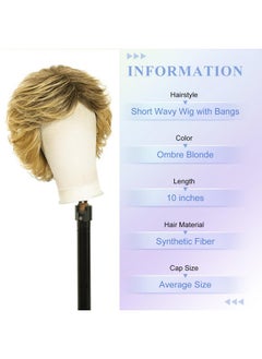 Kalyss Kalyss Short Curly Wavy Ombre Blonde Wigs with Hair Bangs Natural Looking Dark Roots Synthetic Full Hair Wig  - Image 2