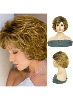 Kalyss Kalyss Short Curly Wavy Ombre Blonde Wigs with Hair Bangs Natural Looking Dark Roots Synthetic Full Hair Wig  - Image 1