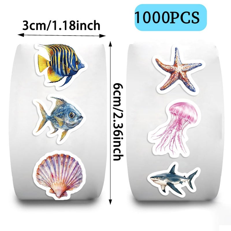 KOPTOP 1000PCS Ocean Animal Stickers Roll, 2 Rolls, 10 Styles Cartoon Sea Creature Stickers, Whales, Octopus, Sharks, Jellyfish, Clownfish, Shells & Fish Decals for Classroom Rewards - Image 2
