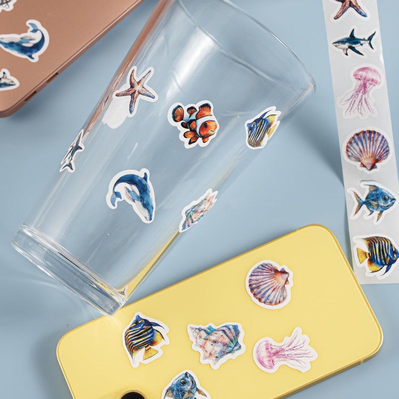 KOPTOP 1000PCS Ocean Animal Stickers Roll, 2 Rolls, 10 Styles Cartoon Sea Creature Stickers, Whales, Octopus, Sharks, Jellyfish, Clownfish, Shells & Fish Decals for Classroom Rewards - Image 3