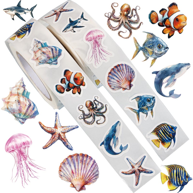 KOPTOP 1000PCS Ocean Animal Stickers Roll, 2 Rolls, 10 Styles Cartoon Sea Creature Stickers, Whales, Octopus, Sharks, Jellyfish, Clownfish, Shells & Fish Decals for Classroom Rewards - Image 1