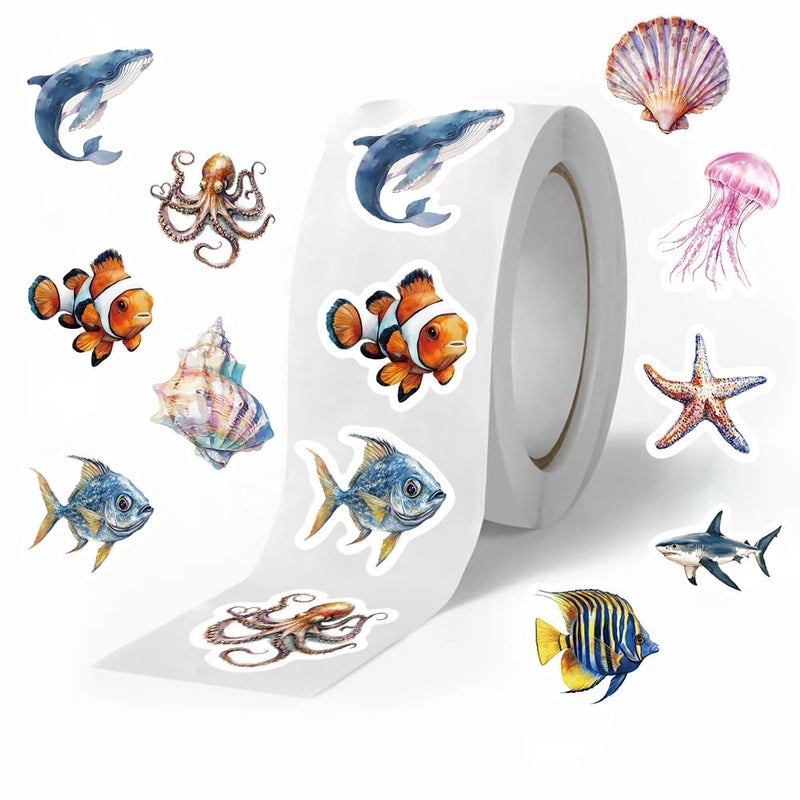 KOPTOP 1000PCS Ocean Animal Stickers Roll, 2 Rolls, 10 Styles Cartoon Sea Creature Stickers, Whales, Octopus, Sharks, Jellyfish, Clownfish, Shells & Fish Decals for Classroom Rewards - Image 5