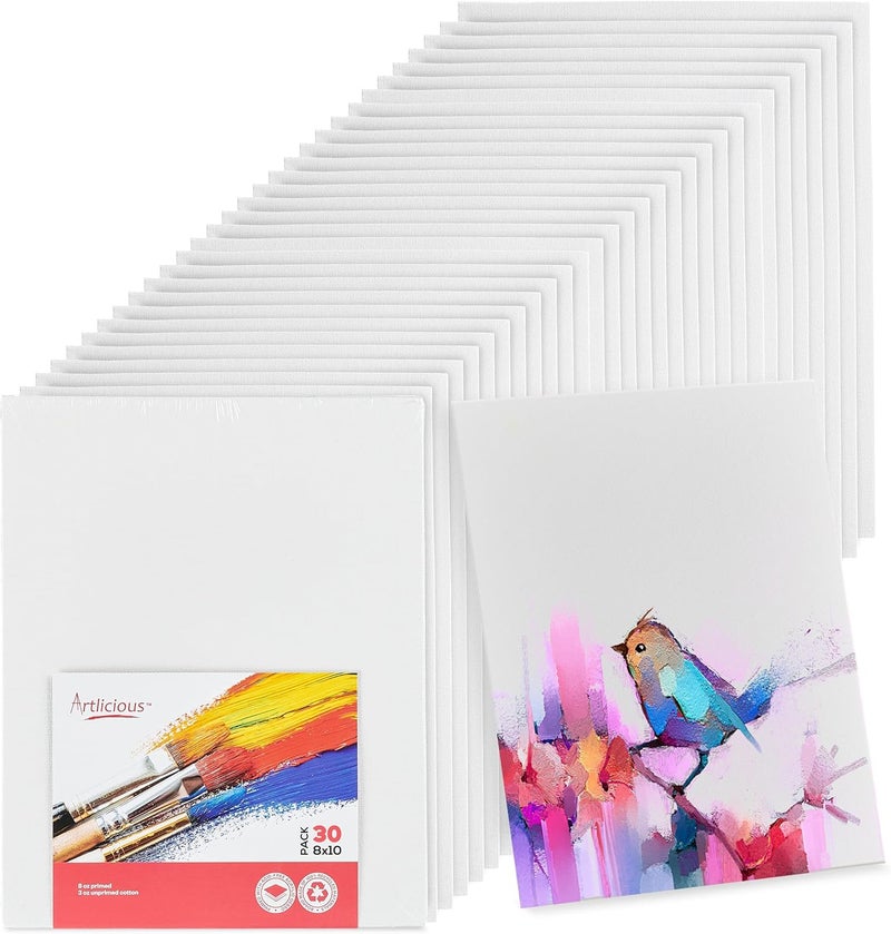 Artlicious Canvases for Painting - Pack of 30, 8 x 10 Inch Blank White Canvas Boards - 100% Cotton Art Panels for Oil, Acrylic & Watercolor Paint - Image 1