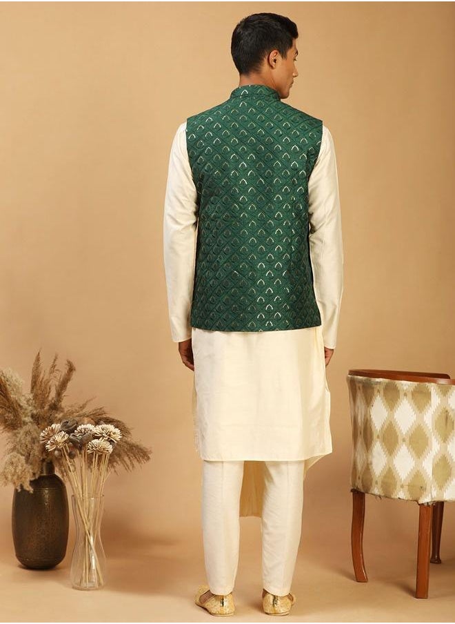 PRASHA - Men's Cream And Green Cotton Blend Jacket, Kurta & Pyjama - Image 1