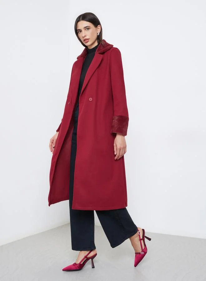 Styli Styli Regular Fit Midi Wool Like Belted Coat with Faux Fur Detail