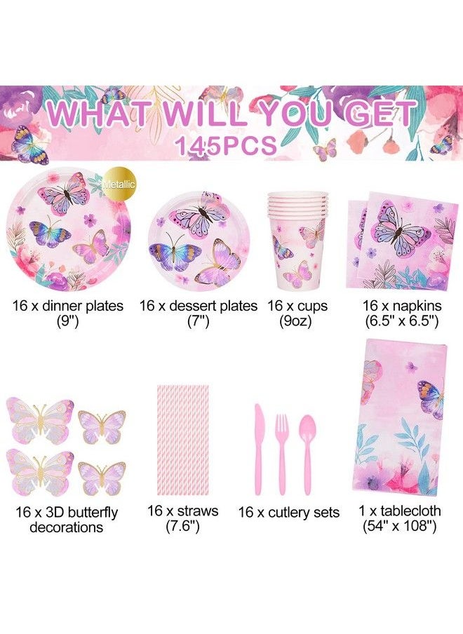 Generic - Butterfly Birthday Party Supplies Serves 16, Butterfly Party Decorations Includes Tablecloth, Cups With Paper Butterflies, Total 145Pcs - Image 1