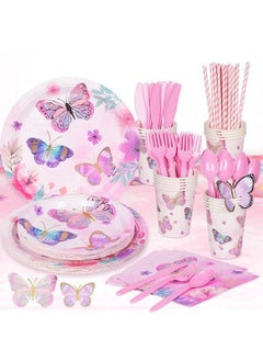 Butterfly Birthday Party Supplies Serves 16, Butterfly Party Decorations Includes Tablecloth, Cups With Paper Butterflies, Total 145Pcs