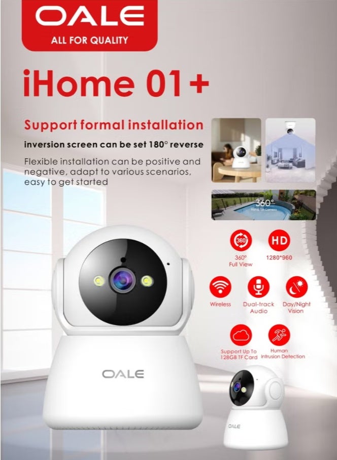 Oale iHome 01+ Smart WiFi Security Camera, 1080p HD, 360° View, Night Vision, Two-Way Audio, App Control White - Image 3