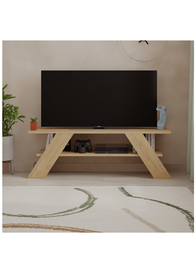 موراه حامل تلفزيون عصري من موراه هوم فارفالا، مناسب لأجهزة التلفزيون حتى ٥٠ بوصة | وحدات تلفزيون عصرية لغرفة المعيشة | خزانة تخزين خشبية برفوف من طبقتين | ١٢٠×٣٣.٥×٤٠ سم | خشب بلوط - Image 1