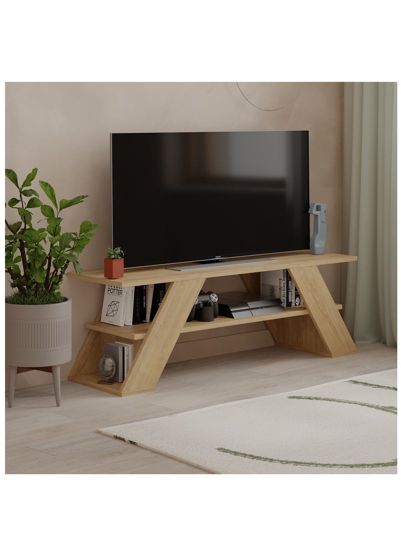 موراه حامل تلفزيون عصري من موراه هوم فارفالا، مناسب لأجهزة التلفزيون حتى ٥٠ بوصة | وحدات تلفزيون عصرية لغرفة المعيشة | خزانة تخزين خشبية برفوف من طبقتين | ١٢٠×٣٣.٥×٤٠ سم | خشب بلوط - Image 2