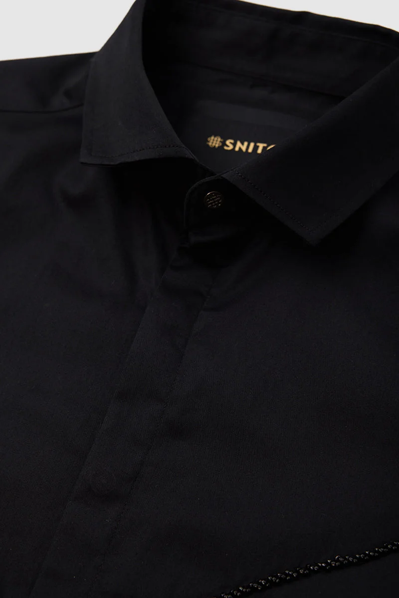 SNITCH Black Embellished Slim Fit Luxe Shirt