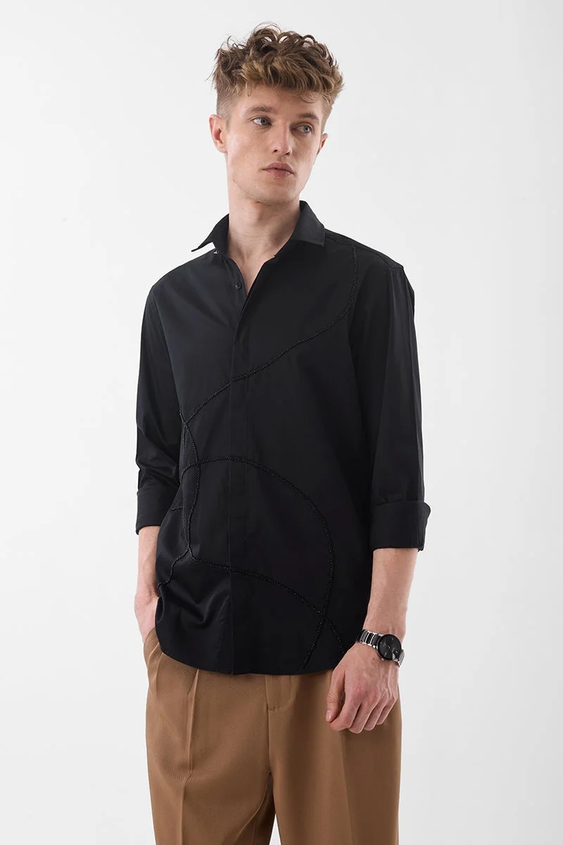 SNITCH Black Embellished Slim Fit Luxe Shirt