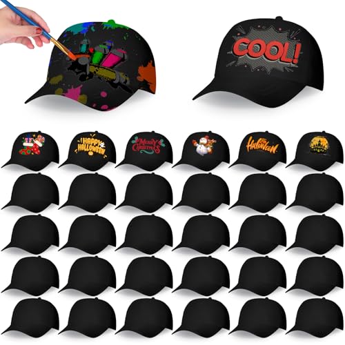 JaGely 30 Pcs DIY Baseball Caps Creative Painting Adjustable Outdoor Sports Caps for Camp Birthday Party Painting ActivityBlack - Image 1
