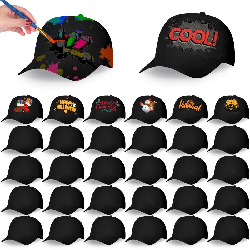 JaGely 30 Pcs DIY Baseball Caps Creative Painting Adjustable Outdoor Sports Caps for Camp Birthday Party Painting ActivityBlack - Image 2